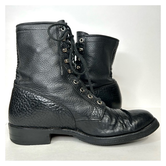 Vintage 90s BOULET Combat Boot LaceUp Pebbled Full Grain Black Leather Punk 9 - Picture 6 of 15